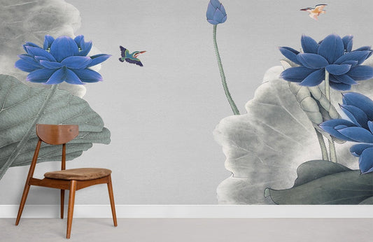 unique blue lotus pattern wallpaper mural