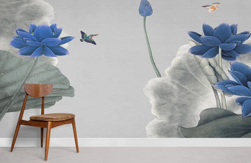Blue Lotus Bird Modern Mural Wallpaper