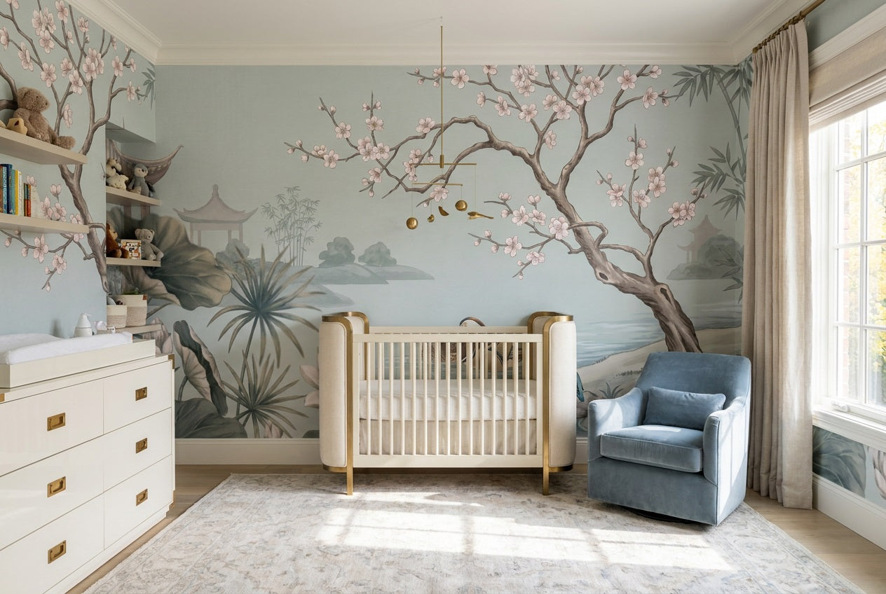 Blue Lotus and Ducks Chinoiserie Wallpaper Mural - 6