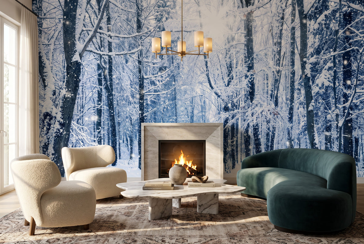 Silver Blue Winter Forest Wallpaper Mural room scene