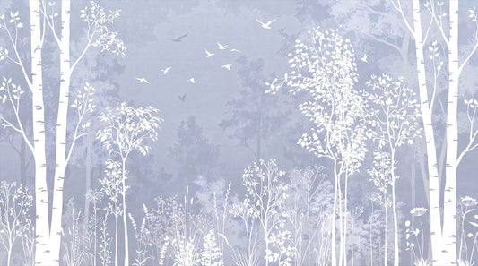 Blue and silver birch forest wallpaper mural with white trees and birds