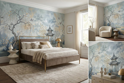 Blue Pavilion Moon Chinoiserie Wallpaper Mural - 4
