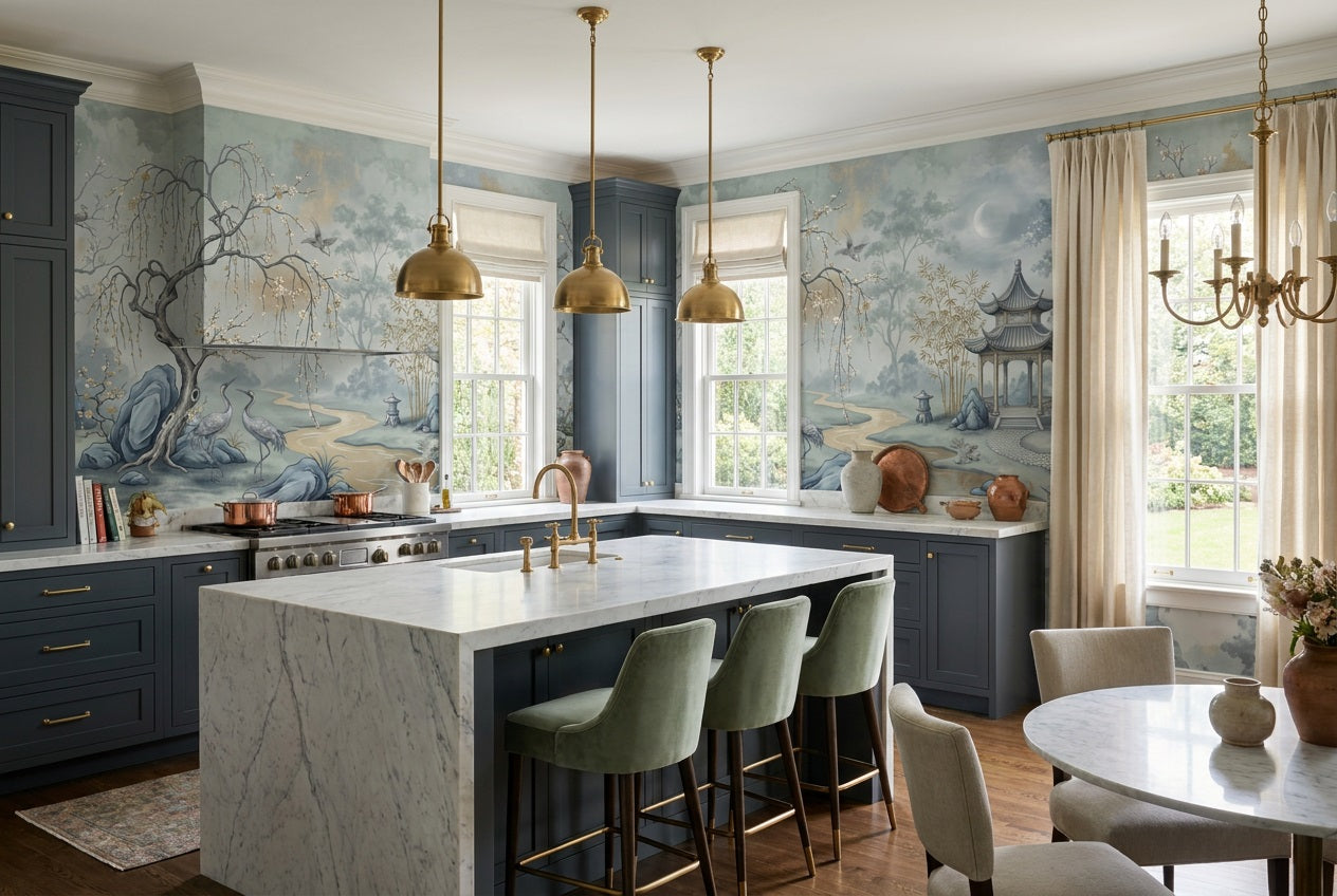 Blue Pavilion Moon Chinoiserie Wallpaper Mural - 5