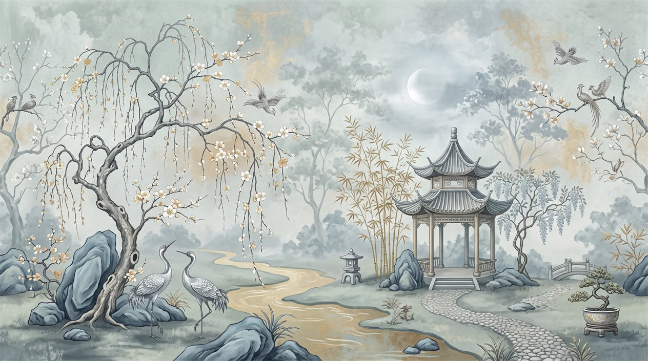 Blue Pavilion Moon Chinoiserie Wallpaper Mural - 2