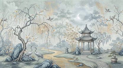 Blue Pavilion Moon Chinoiserie Wallpaper Mural - 2