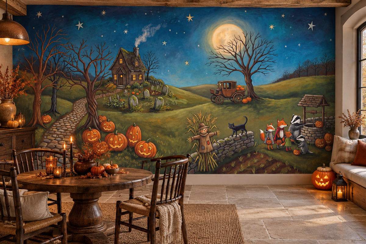 Moonlit Pumpkin Farm Witches and Cottage Halloween Wallpaper Mural - image 3