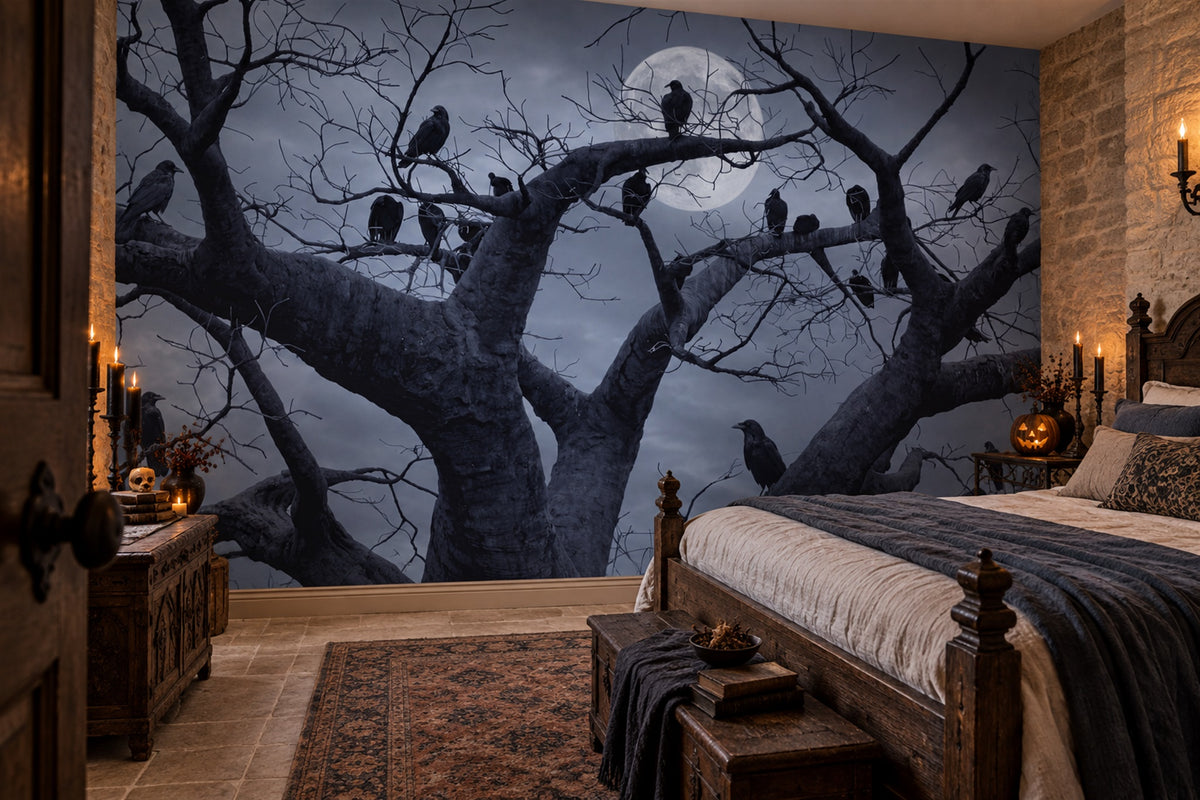 Crows On Bare Moonlit Tree Halloween Wallpaper Mural - image 3