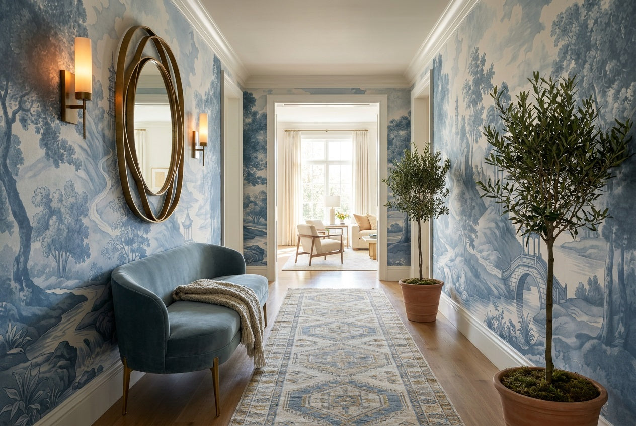 Blue Toile Bridge Chinoiserie Wallpaper Mural - 6