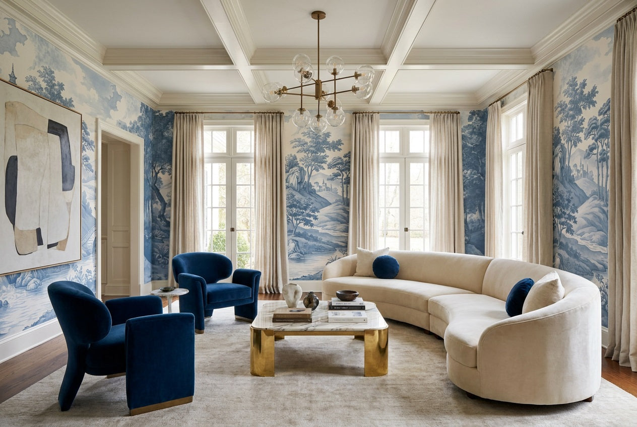 Blue Toile Bridge Chinoiserie Wallpaper Mural - 1