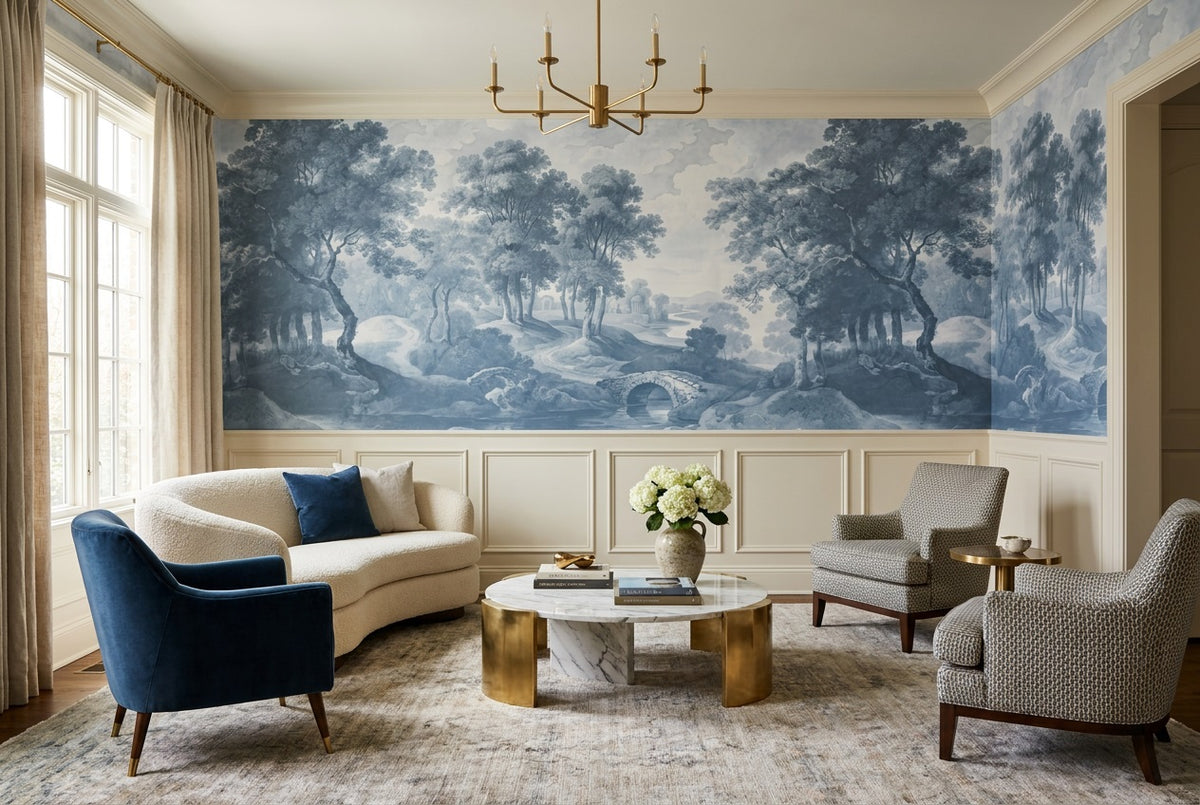 Blue Toile Woodland Landscape Wallpaper Mural - 1