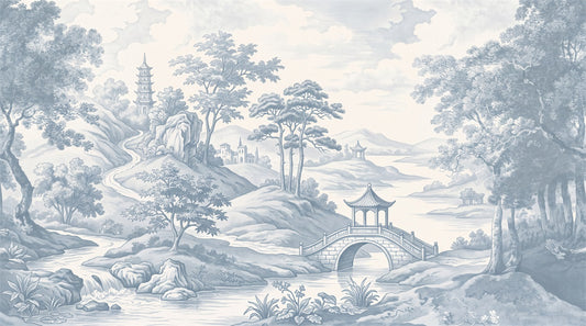Blue Toile Bridge Chinoiserie Wallpaper Mural - 2