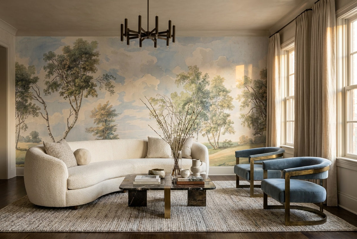 Blue Watercolor Birch Landscape Wallpaper Mural - 1