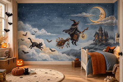 Witches Cats Broomsticks and Crescent Moon Halloween Wallpaper Mural - image 3