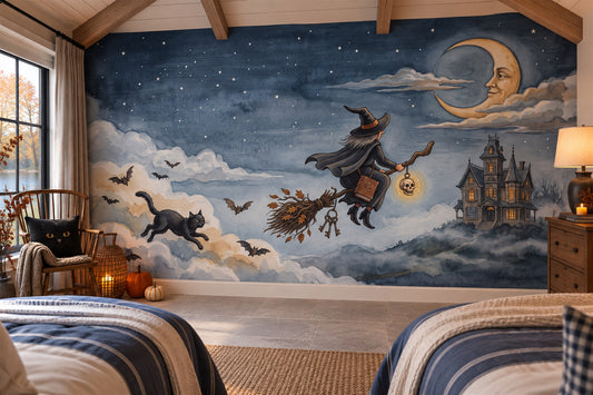 Witches Cats Broomsticks and Crescent Moon Halloween Wallpaper Mural - image 1