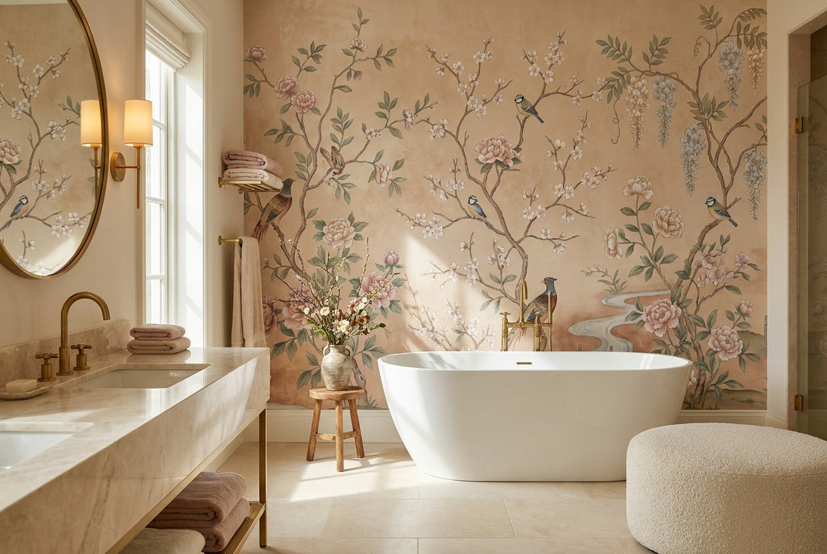 Blush Floral Birds Chinoiserie Wallpaper Mural - 3