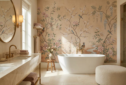 Blush Floral Birds Chinoiserie Wallpaper Mural - 3
