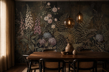 Dark Blush Fern and Rose Wallpaper Mural - 3