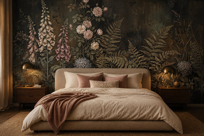 Dark Blush Fern and Rose Wallpaper Mural - 4