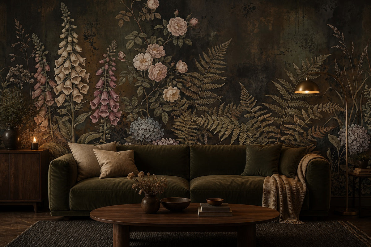 Dark Blush Fern and Rose Wallpaper Mural - 1