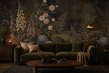 Dark Blush Fern and Rose Wallpaper Mural - 1