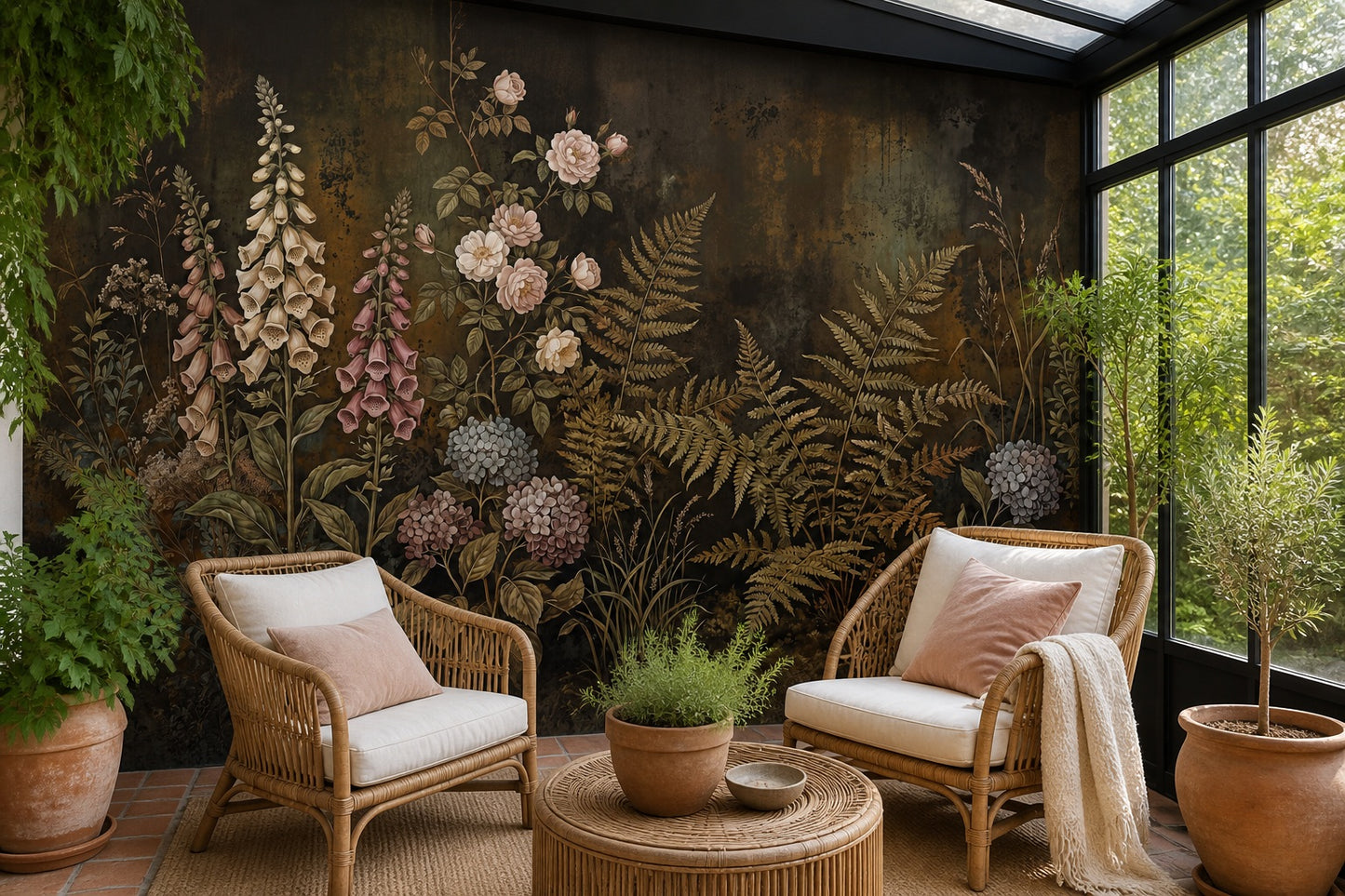 Dark Blush Fern and Rose Wallpaper Mural - 6