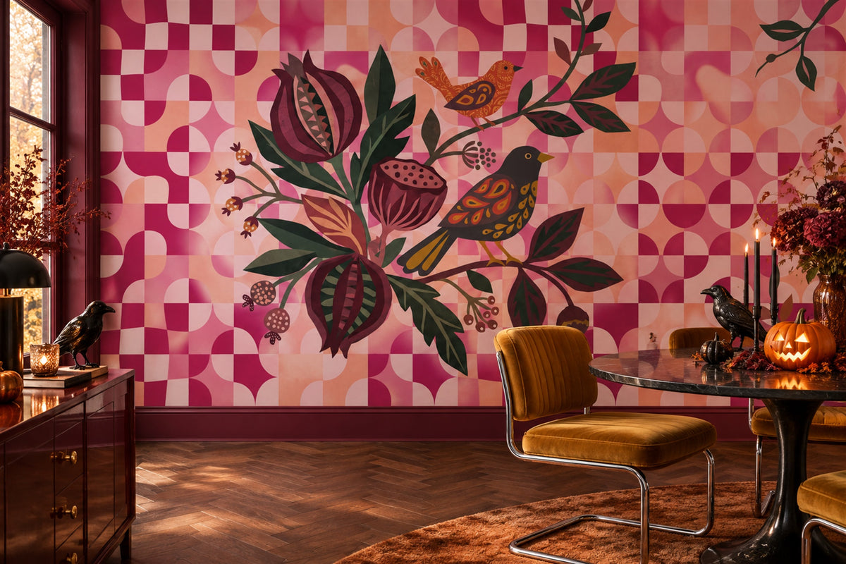 Geometric Flowers Owls and Pink Checks Halloween Wallpaper Mural - image 1