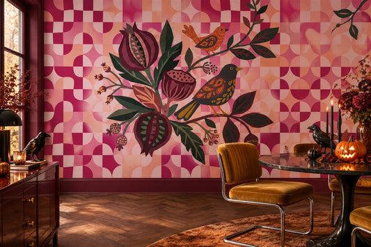 Geometric Flowers Owls and Pink Checks Halloween Wallpaper Mural - image 1