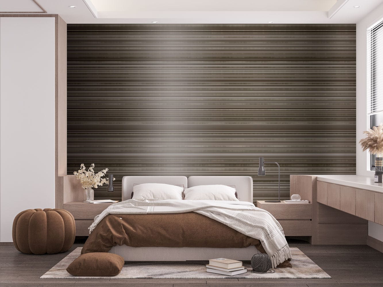 Elegant Horizontal Striped Wallpaper in Earthy Tones, modern bedroom, brown bed, wooden flooring, decor.
