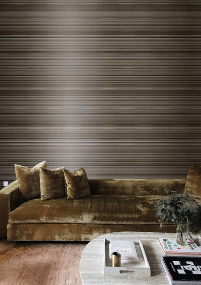 Elegant horizontal striped earthy wallpaper, velvet sofa, modern interior decor, round coffee table, plush rug.