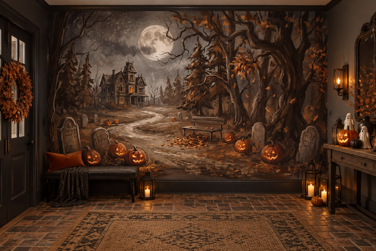 Haunted Mansion Graveyard Pumpkins and Moon Halloween Wallpaper Mural - image 3
