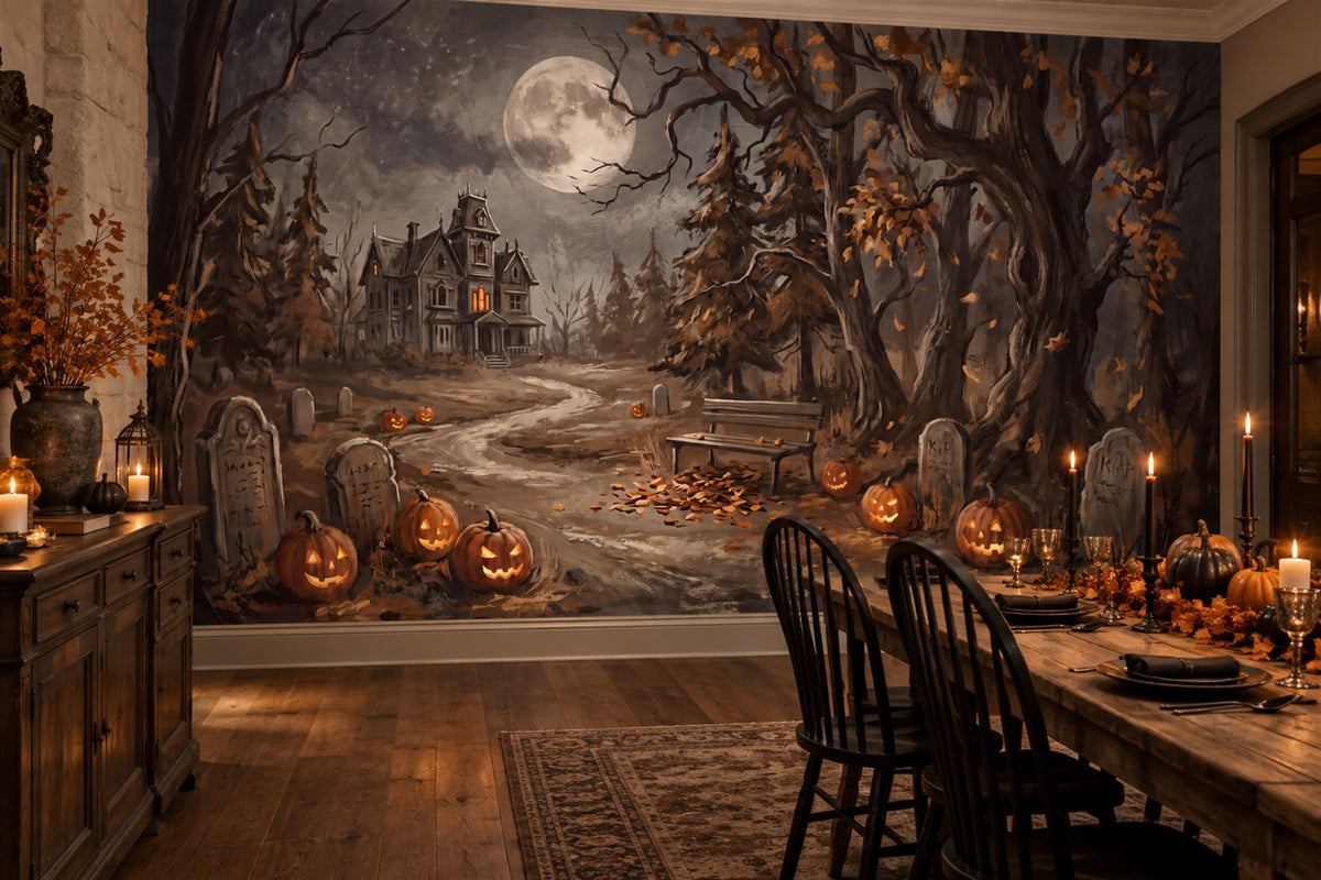 Haunted Mansion Graveyard Pumpkins and Moon Halloween Wallpaper Mural - image 1