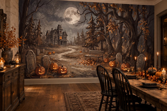 Haunted Mansion Graveyard Pumpkins and Moon Halloween Wallpaper Mural - image 1