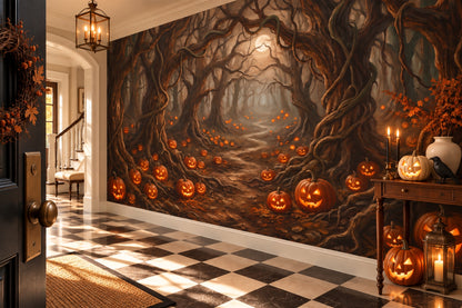 Glowing Jack-O'-Lantern Forest Halloween Wallpaper Mural room scene