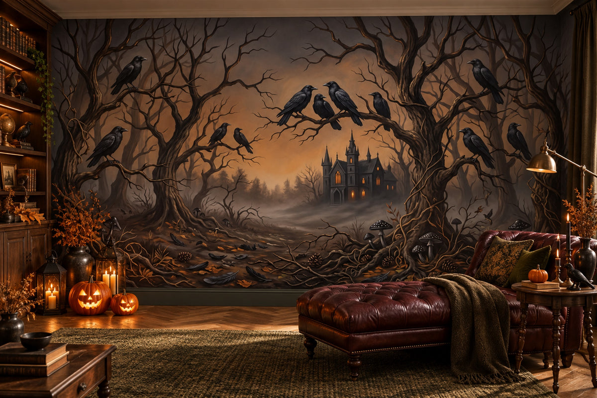 Dark Forest Ravens and Distant Haunted House Halloween Wallpaper Mural - image 4