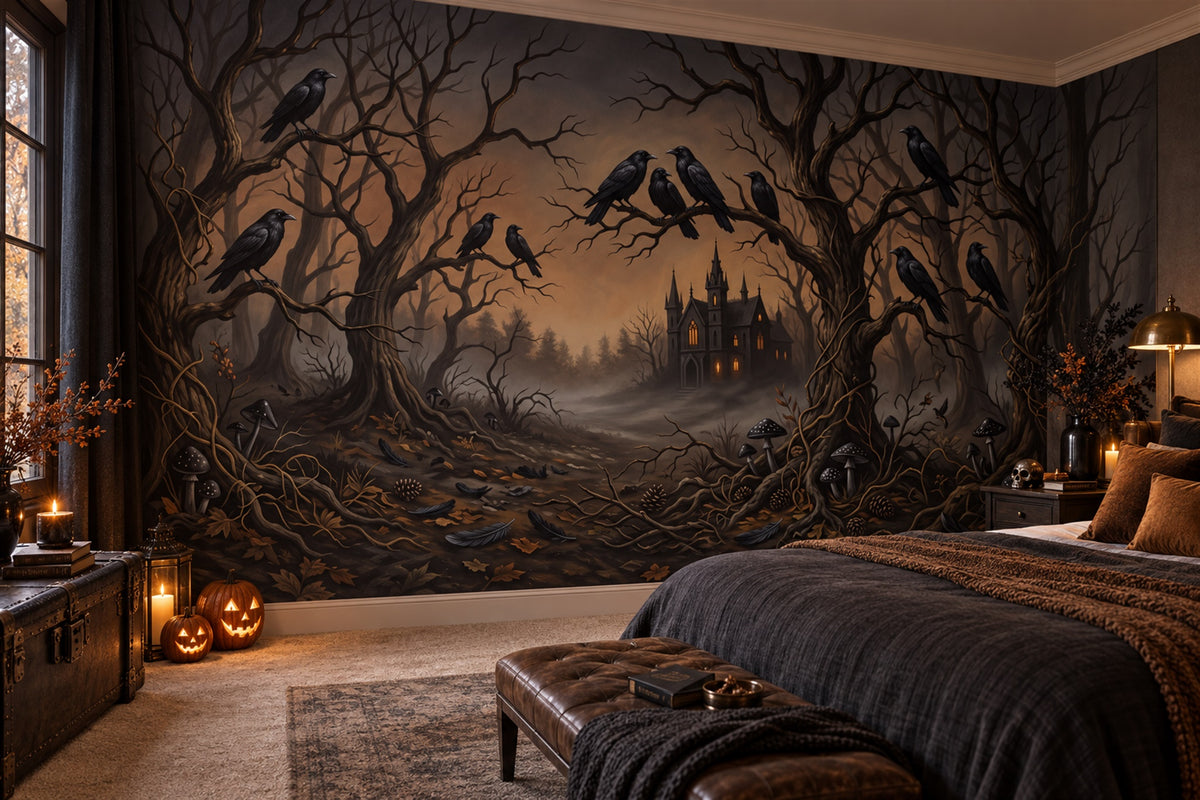 Dark Forest Ravens and Distant Haunted House Halloween Wallpaper Mural - image 3