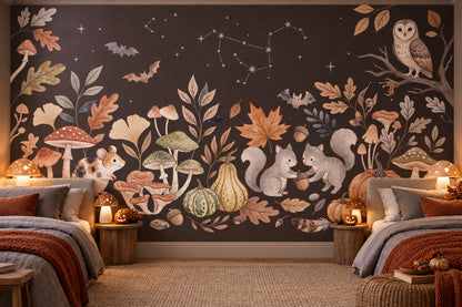 Owl Squirrel Hedgehog Pumpkins and Mushrooms Halloween Wallpaper Mural - image 3