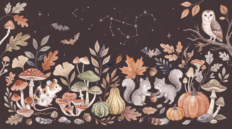 Owl Squirrel Hedgehog Pumpkins and Mushrooms Halloween Wallpaper Mural - image 2