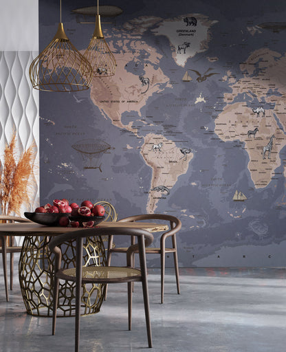 Vintage World Map Animals Wallpaper in dining room