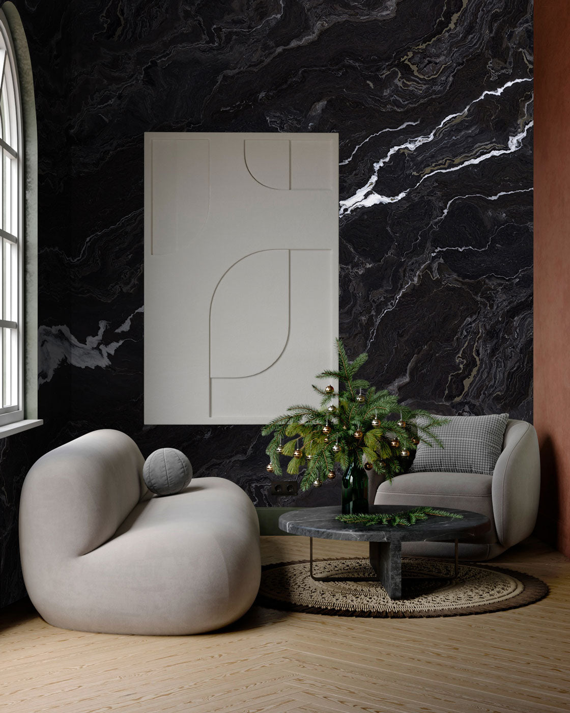 Midnight Elegance Marble Mural Wallpaper in living room