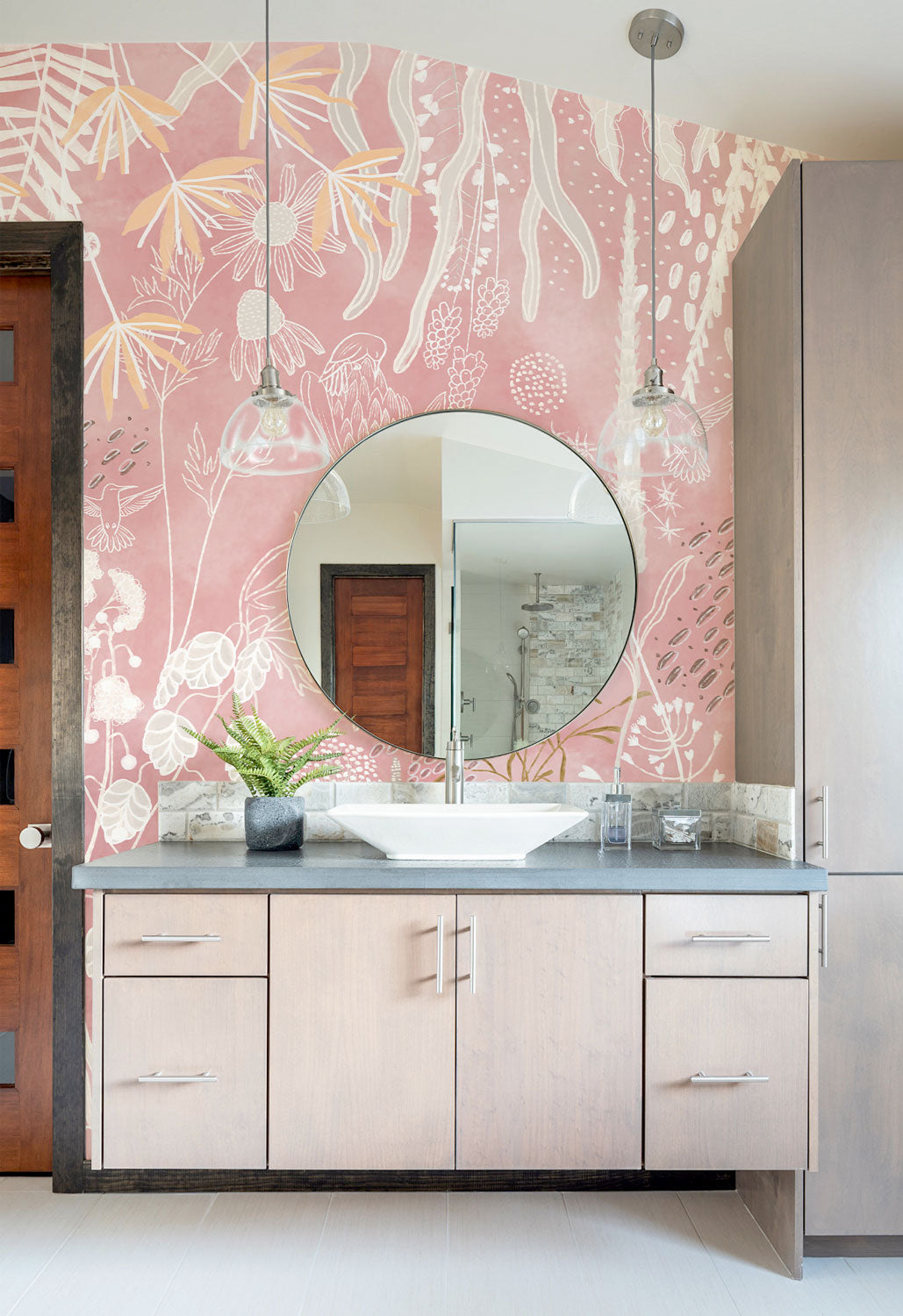 Blush Petals Mural Wallpaper in bathroom