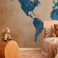 Vintage Blue Watercolor World Map Mural Wallpaper in bedroom