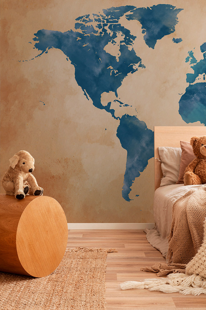 Vintage Blue Watercolor World Map Mural Wallpaper in bedroom