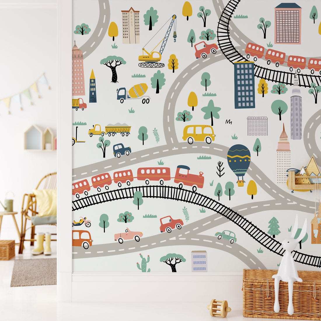 Child's Room Mural Wallpaper with Busy Cartoon Roads