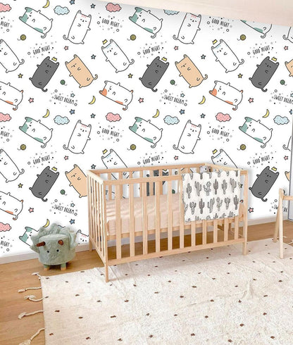 Good Night Cats Cartoon Wall Mural Nursery Room