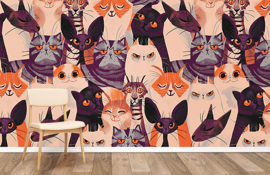 Colorful Quirky Cat Pattern Mural Wallpaper