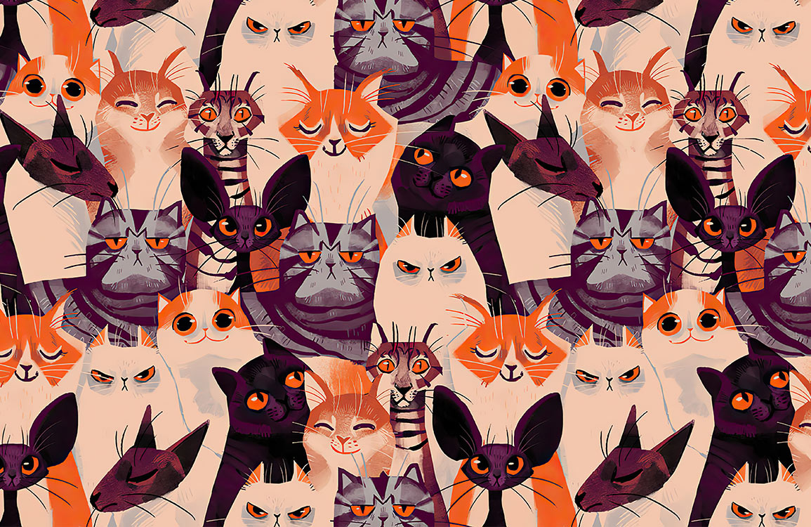 Colorful Quirky Cat Pattern Mural Wallpaper