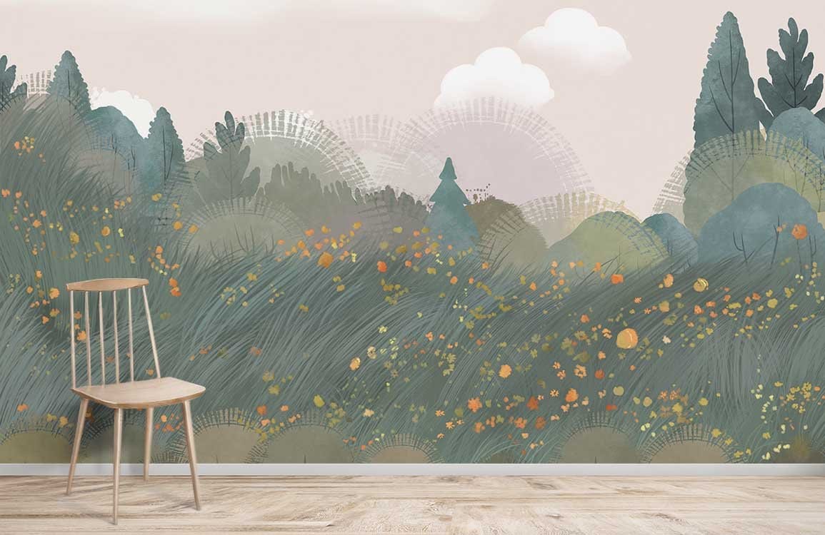 Wallpaper mural with a Cartoon Woods and Flower Garden, Ideal for Home Decoration