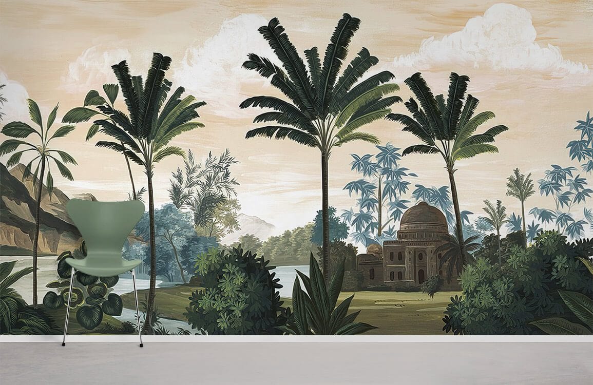 Tropical Palm Landscape Vintage Mural Wallpaper