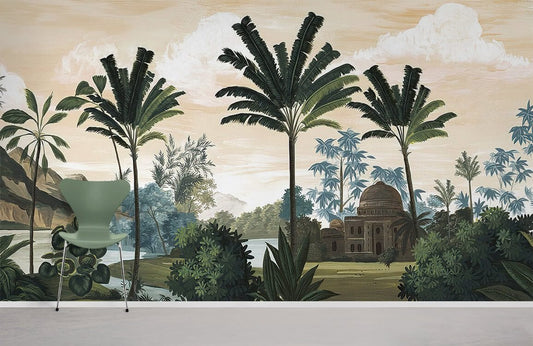 Wallpaper for the room with a wall mural depicting a castle in the tropics