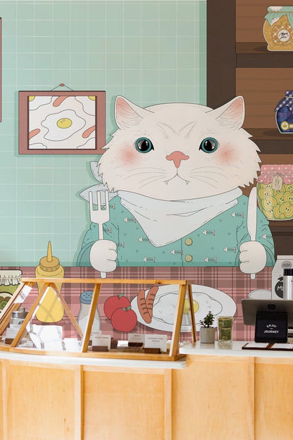 Wallpaper mural that is hand-painted in the manner of Nordic cartoons, which attracts a lot of interest from young children.